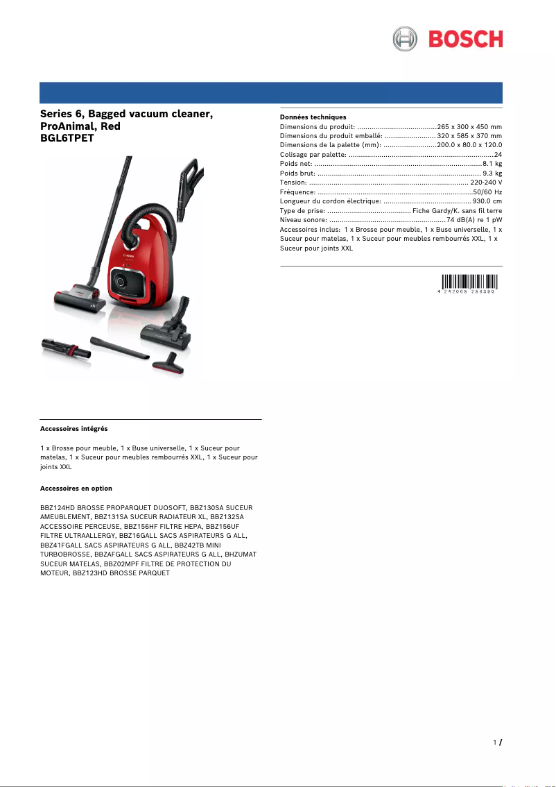 Page 1 de la notice Fiche technique Bosch ProAnimal Serie 6 BGL6TPET