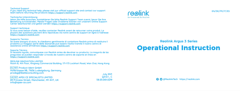 Page n°1 - Manuel utilisateur Reolink Argus 3