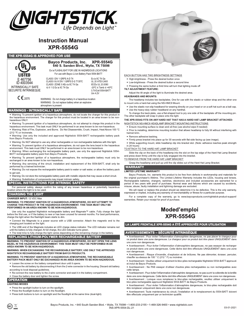 Page 1 de la notice Manuel utilisateur NightStick XPR-5554G