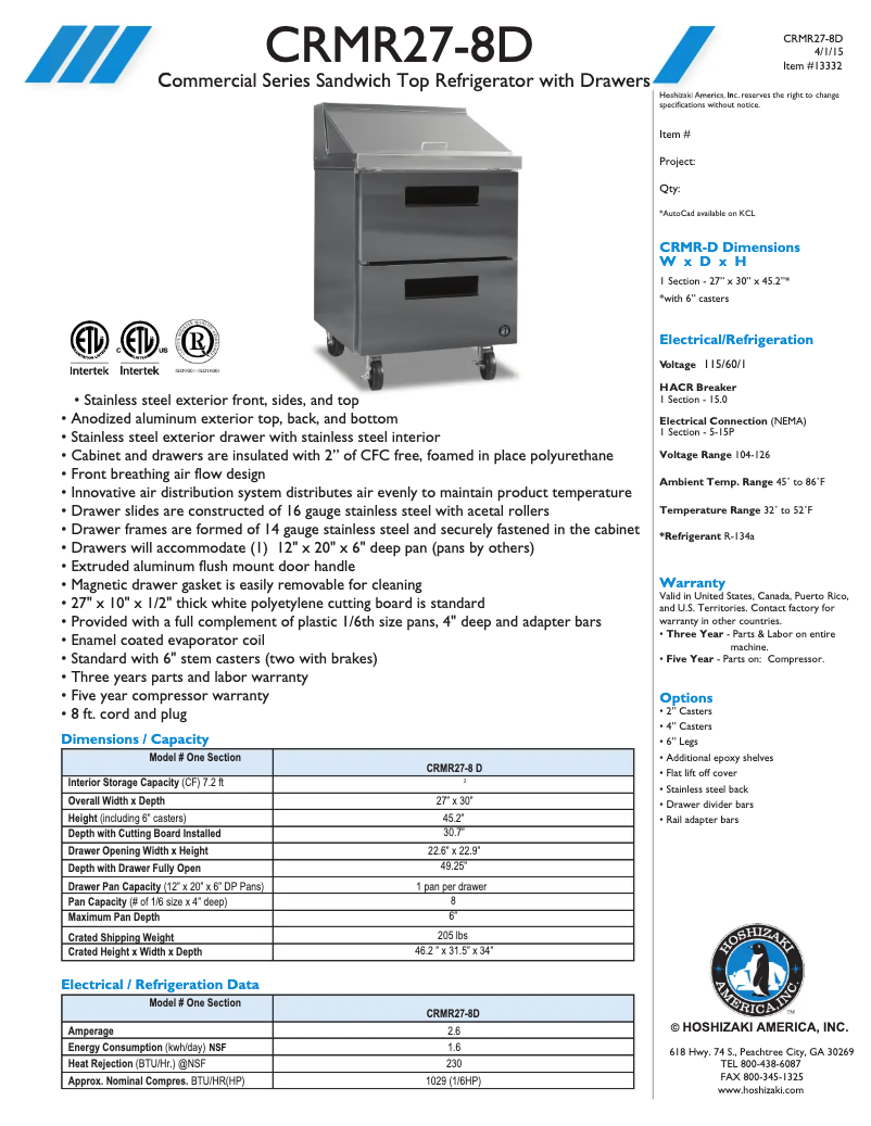 Page n°1 - Fiche technique Hoshizaki CRMR27-8D