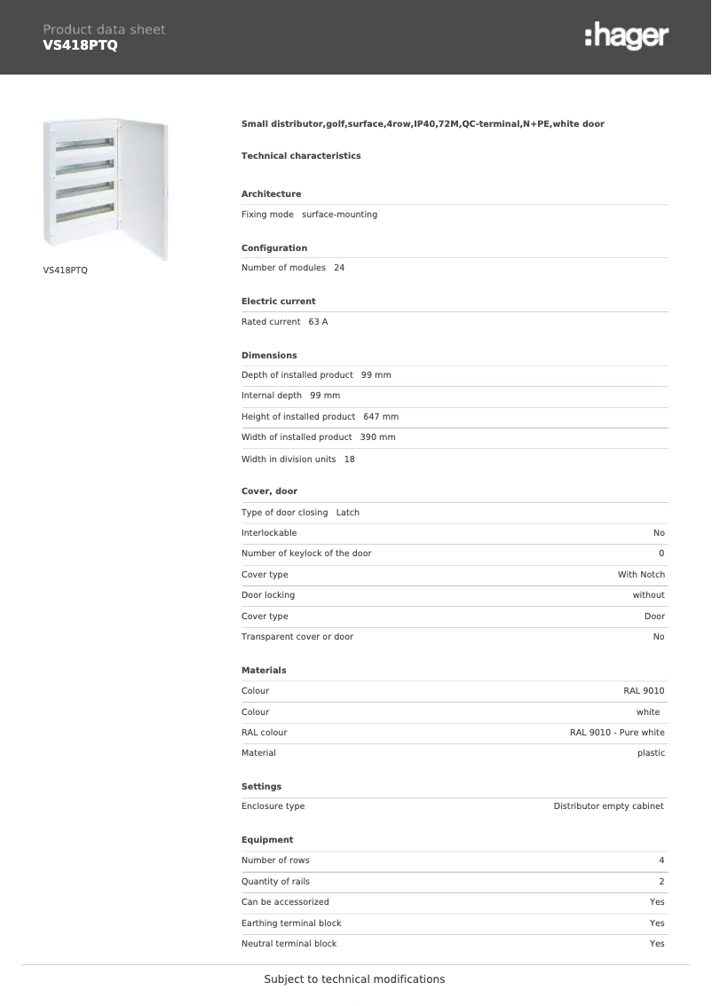 Page n°1 - Fiche technique Hager VS418PTQ