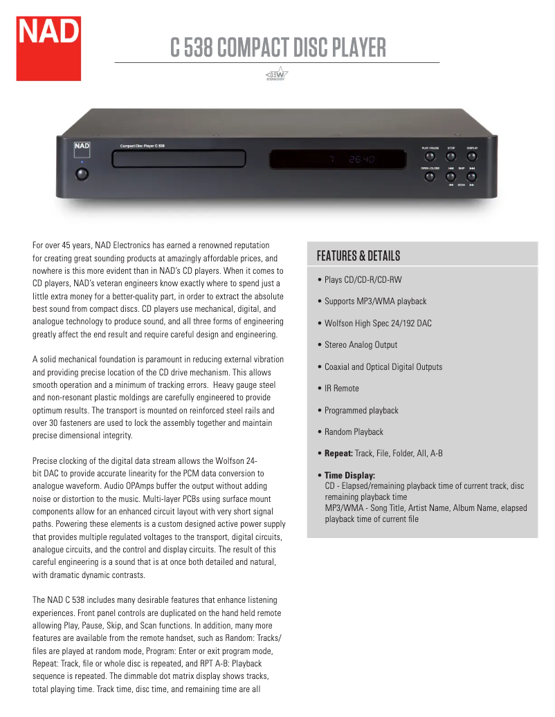 Page 1 de la notice Fiche technique NAD C 538