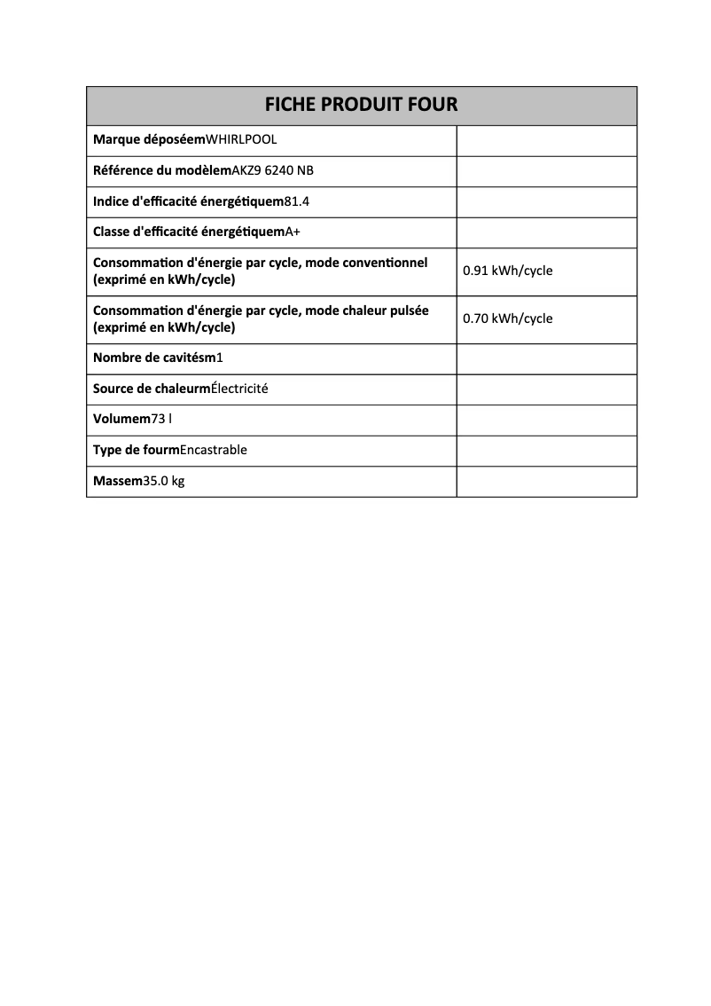 Page n°1 - Fiche technique Whirlpool AKZ9 6240 NB