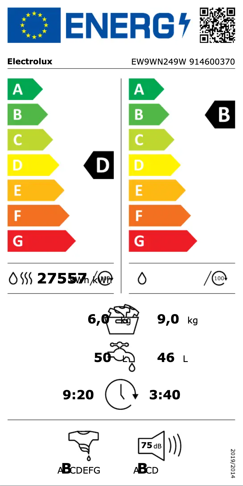 Page 1 de la notice Label énergétique Electrolux EW9WN249W