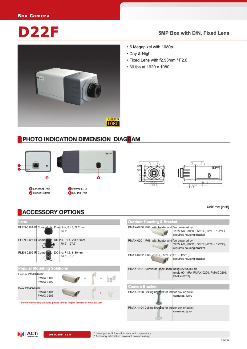 Page 1 de la notice Fiche technique ACTi D22F