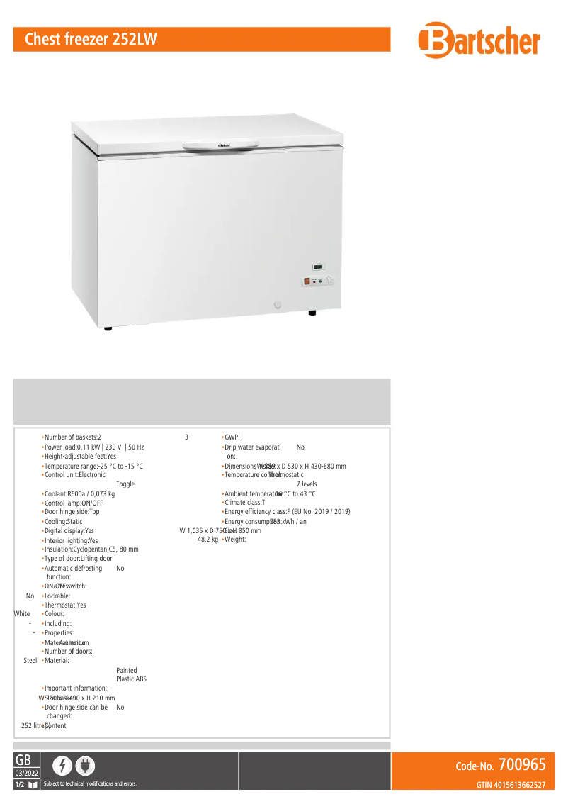 Page 1 de la notice Fiche technique Bartscher 700965