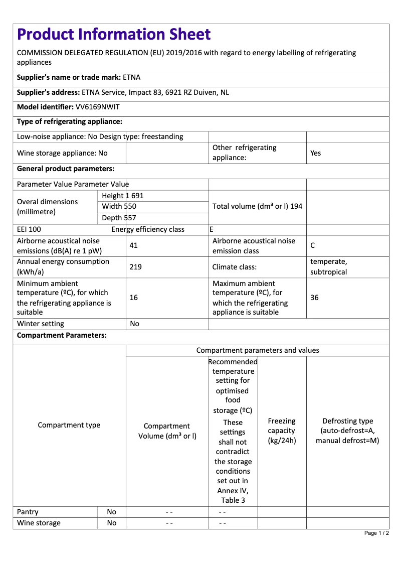 Page n°1 - Fiche technique Etna VV6169NWIT
