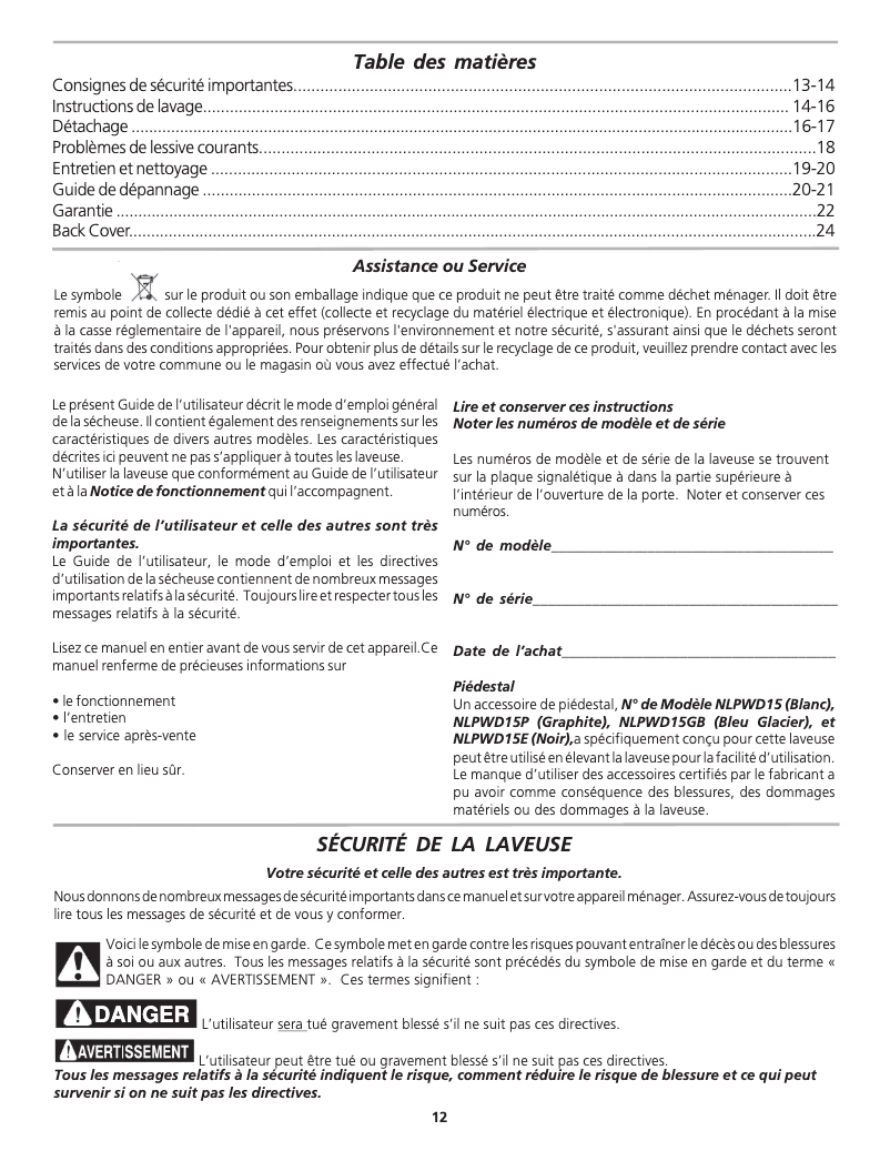 Page 1 de la notice Manuel utilisateur Frigidaire GLTF2940FE