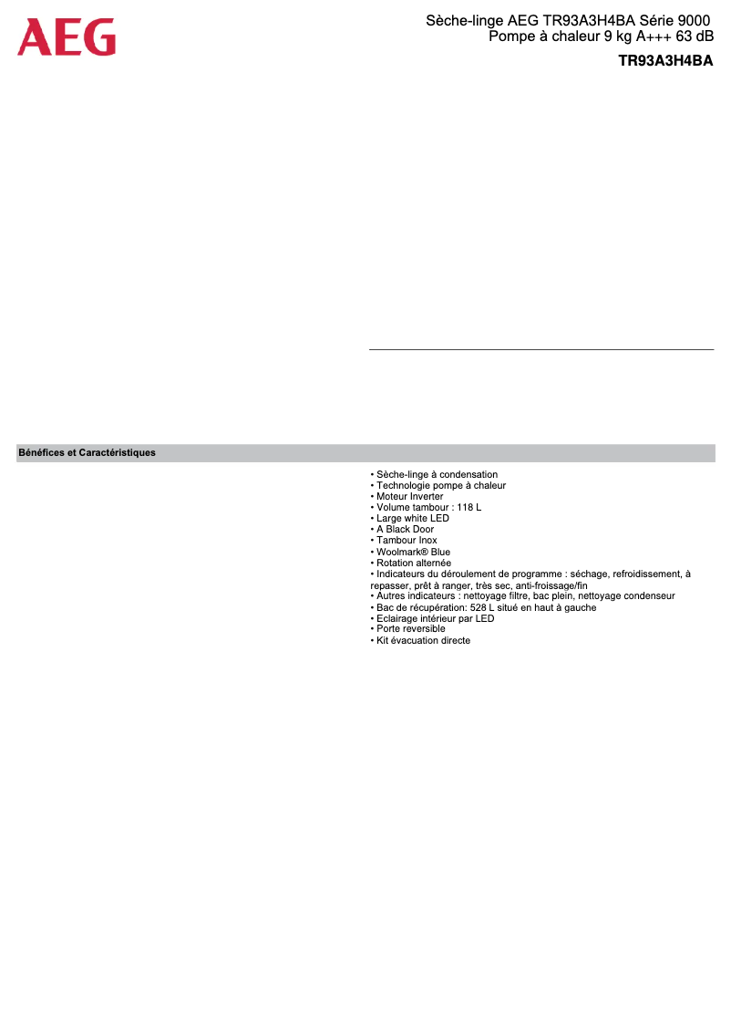 Página 1 del manual Ficha técnica AEG TR93A3H4BA