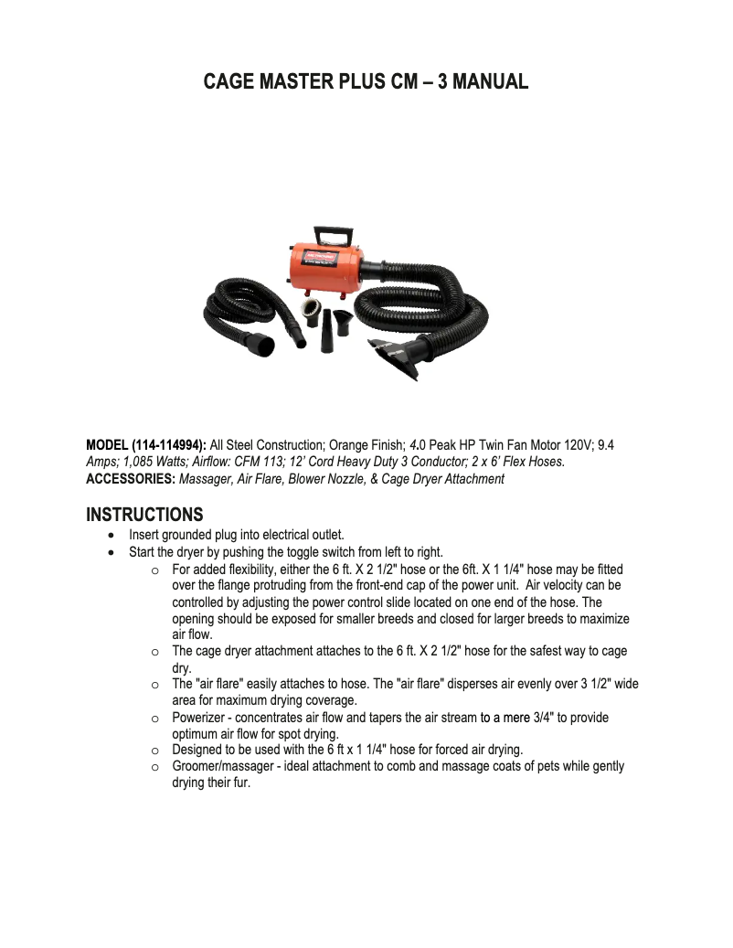 Page 1 de la notice Manuel utilisateur MetroVac Cage Master Plus CM-3