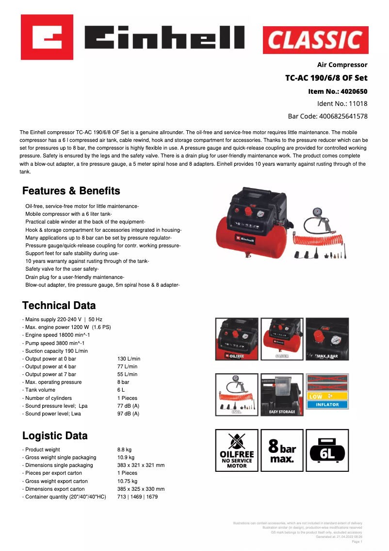 Page 1 de la notice Fiche technique Einhell TC-AC 190/6/8 OF Set
