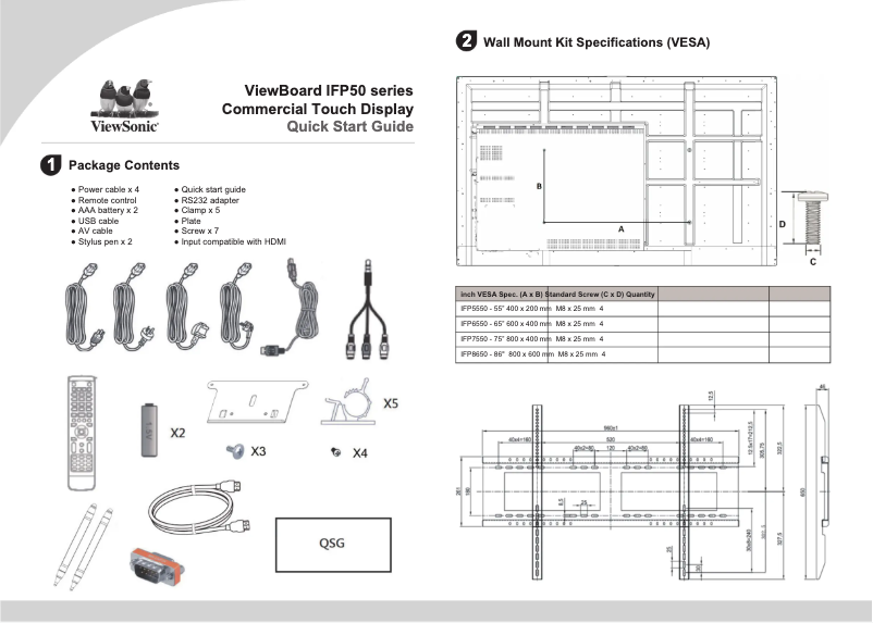 Page 1 de la notice Guide de démarrage rapide Viewsonic IFP7550-2