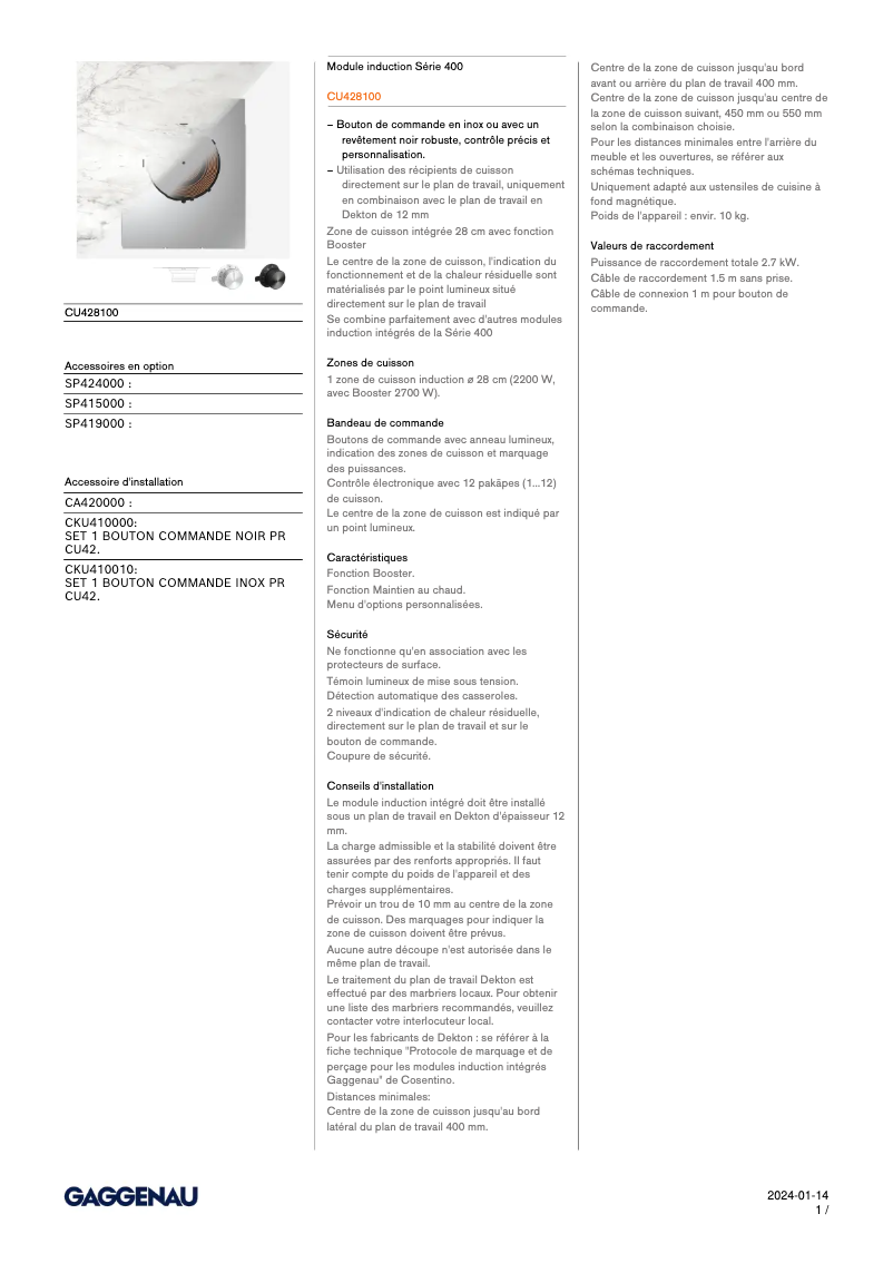 Página 1 del manual Ficha técnica Gaggenau CU428100