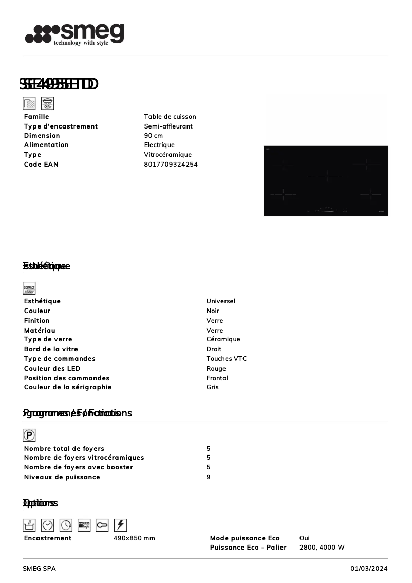 Page 1 de la notice Fiche technique Smeg SE495ETD