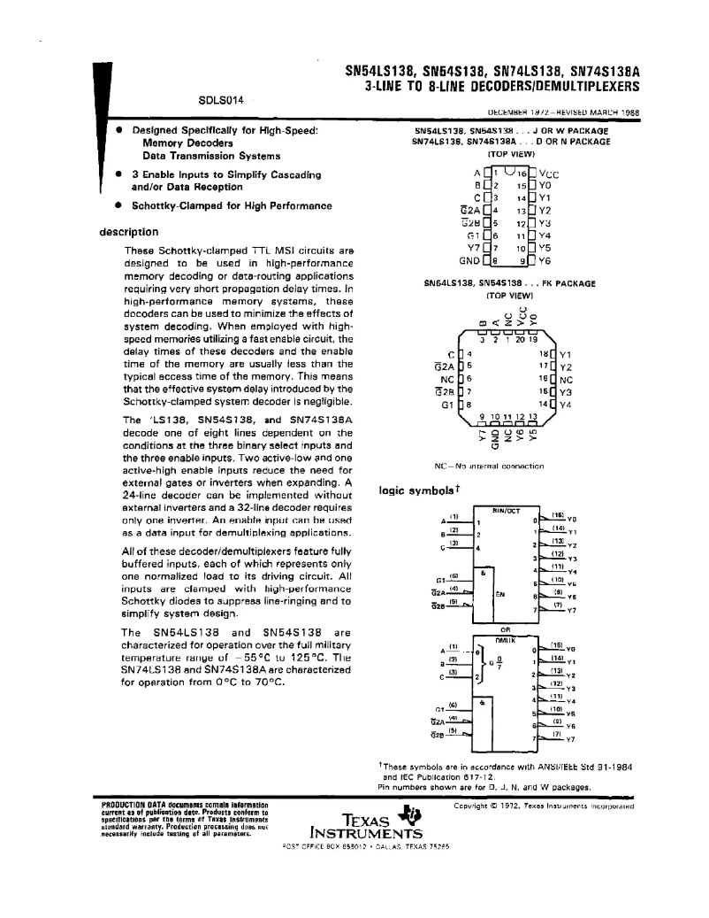 Page 1 de la notice Manuel utilisateur Texas Instruments SN74S138AN