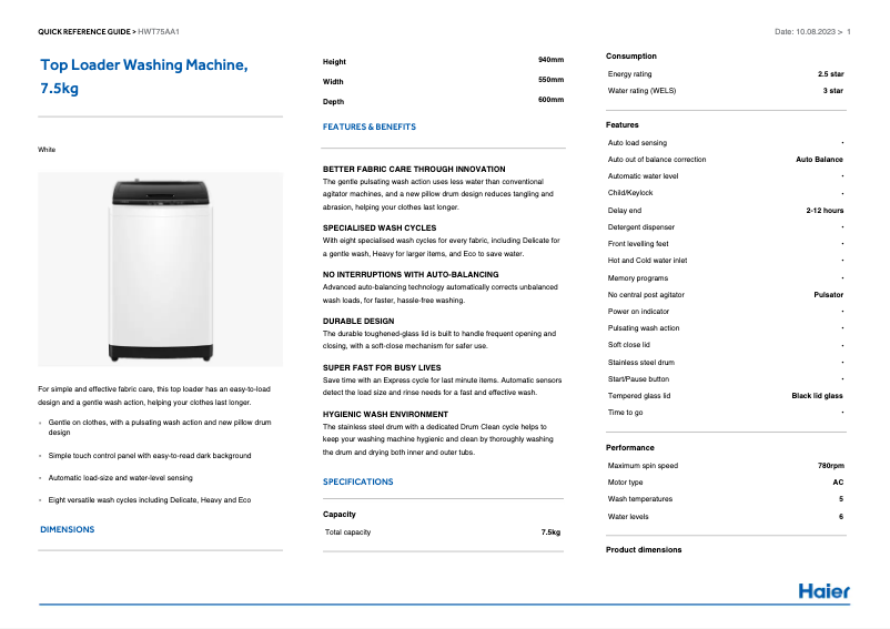 Page 1 de la notice Fiche technique Haier HWT75AA1