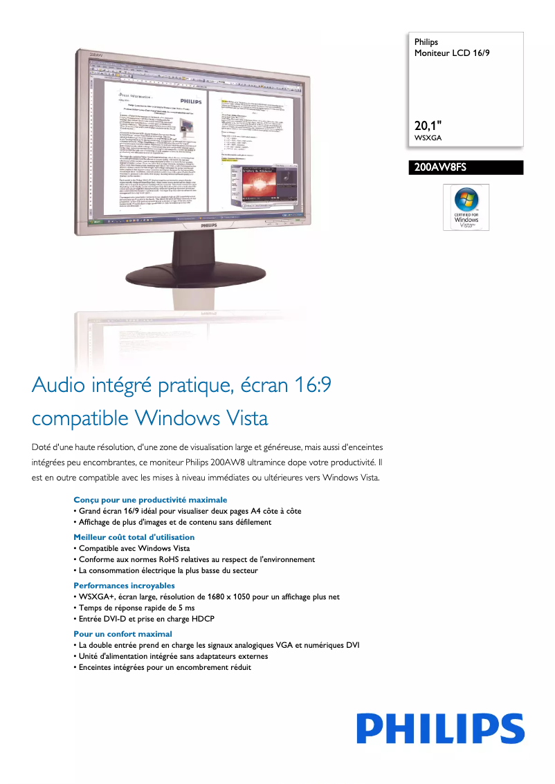 Page 1 de la notice Fiche technique Philips 200AW8FS