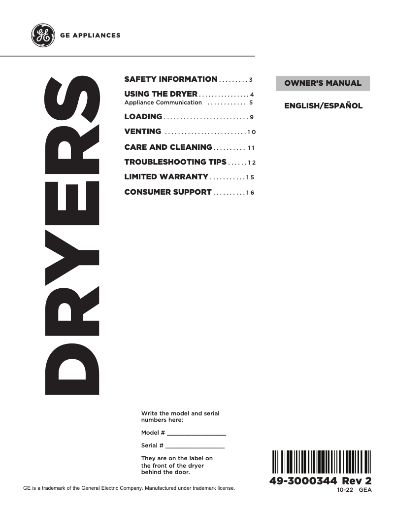 Page 1 of the manual Use and Maintenance Manual GE Sensor Dry GTD58EBSVWS