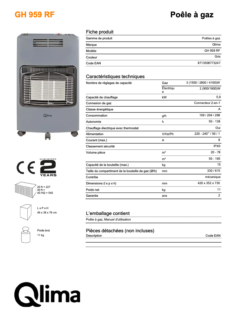 Page 1 de la notice Fiche technique Qlima GH959RF
