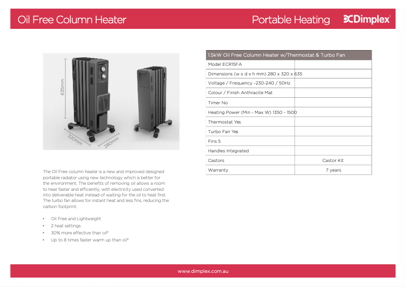 Page 1 de la notice Fiche technique Dimplex ECR15FA