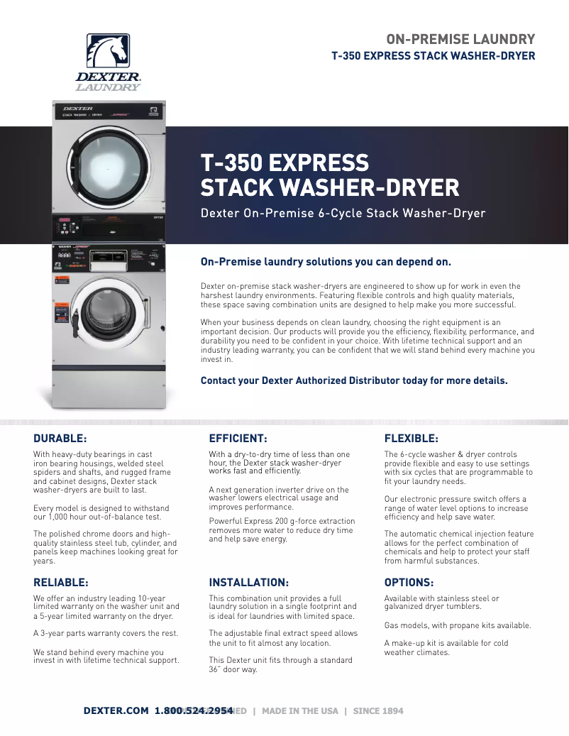 Page 1 de la notice Fiche technique Dexter Laundry T-350 SWD Express