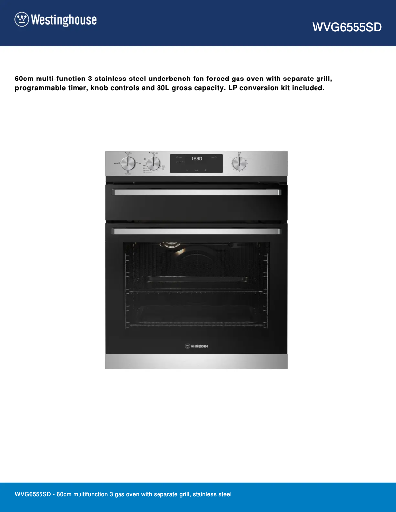Page 1 de la notice Fiche technique Westinghouse WVG6555SD