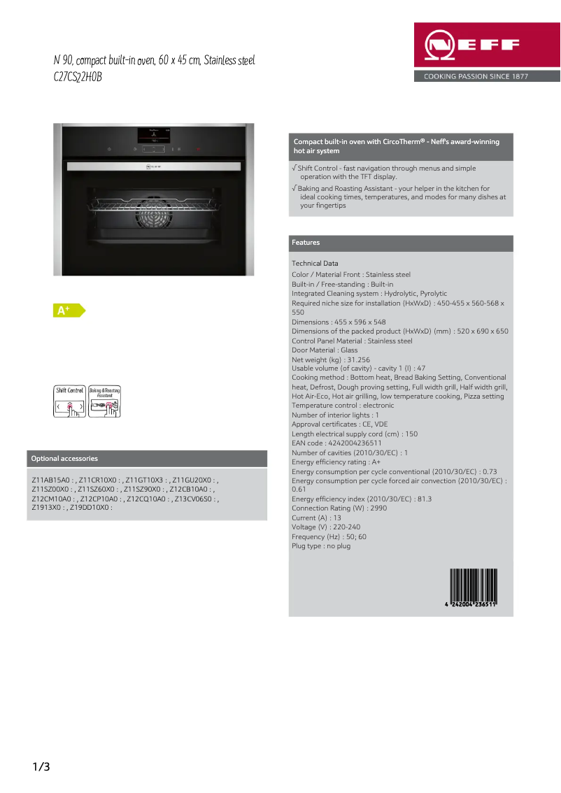 Page 1 de la notice Fiche technique Neff C27CS22H0B