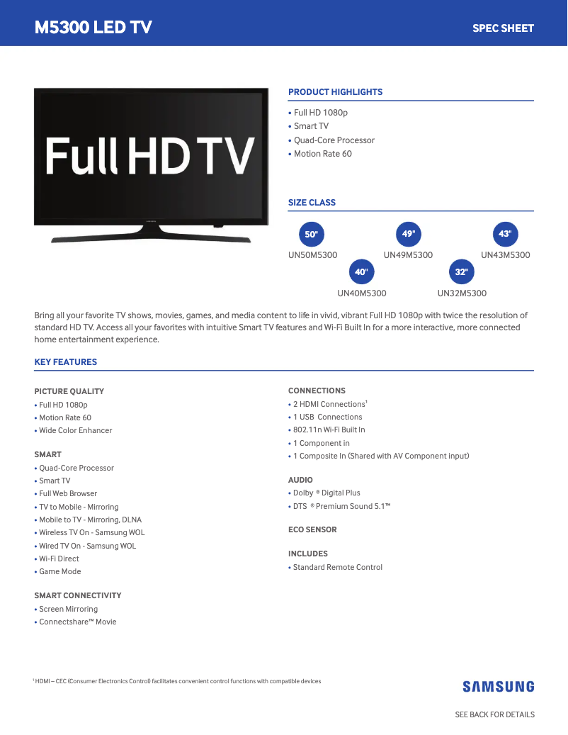 Page 1 de la notice Fiche technique Samsung UN40M5300AFXZA