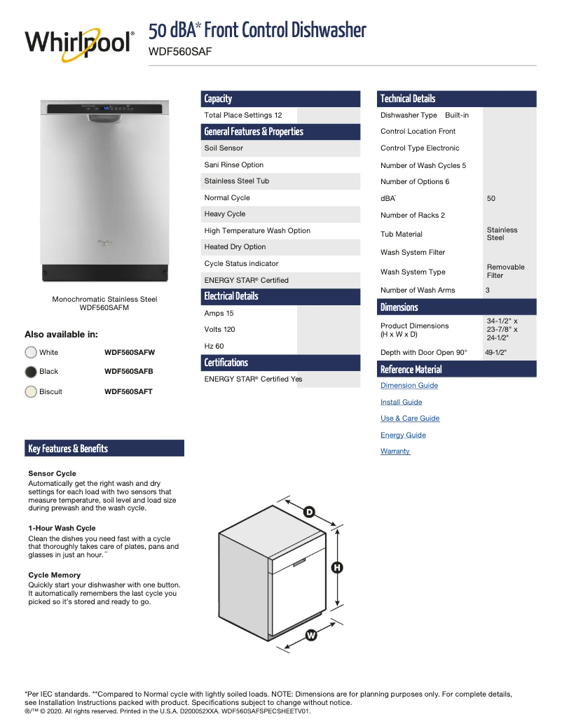 Page n°1 - Fiche technique Whirlpool WDF560SAFM