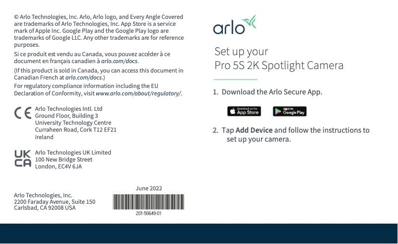 Page 1 de la notice Guide de démarrage rapide Arlo Pro 5S 2K