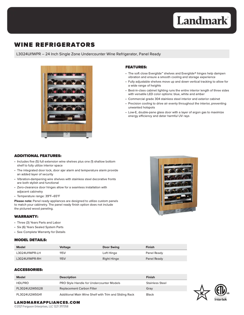 Page 1 de la notice Fiche technique Landmark L3024UI1WPR-RH