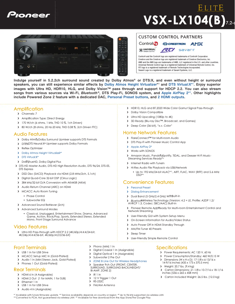 Página 1 del manual Ficha técnica Pioneer VSX-LX104