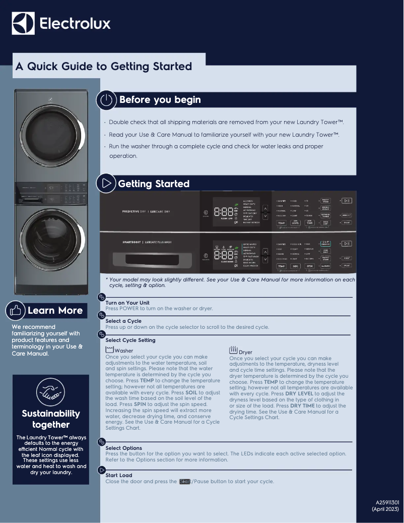 Page 1 de la notice Guide de démarrage rapide Electrolux ELTE7300AW