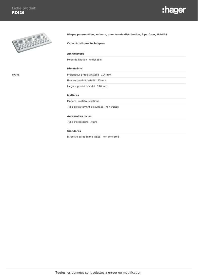 Page 1 de la notice Fiche technique Hager FZ426