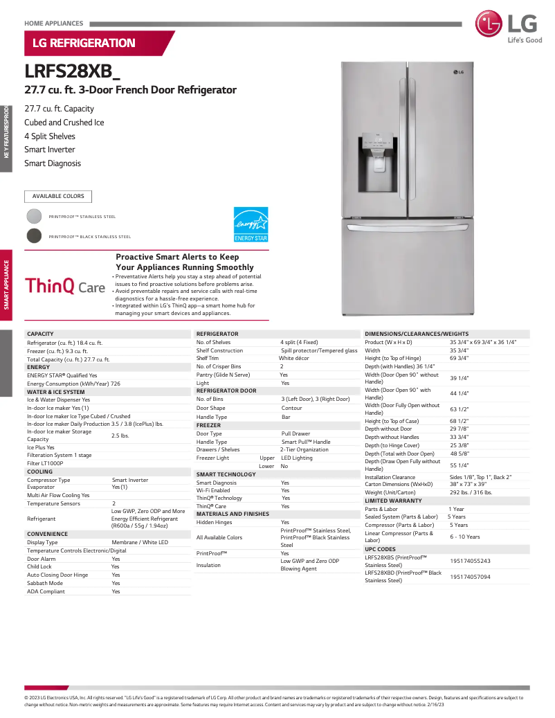 Page 1 de la notice Fiche technique LG LRFS28XBD
