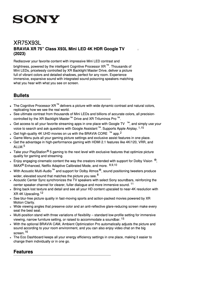 Page 1 de la notice Fiche technique Sony XR-75X93L