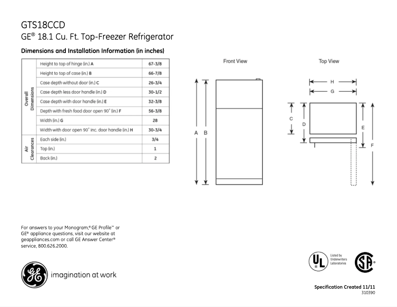 Page 1 de la notice Fiche technique GE GTS18CCDWW
