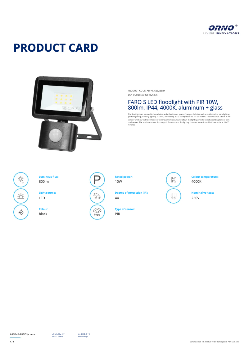 Page n°1 - Fiche technique Adviti AD-NL-6252BLR4