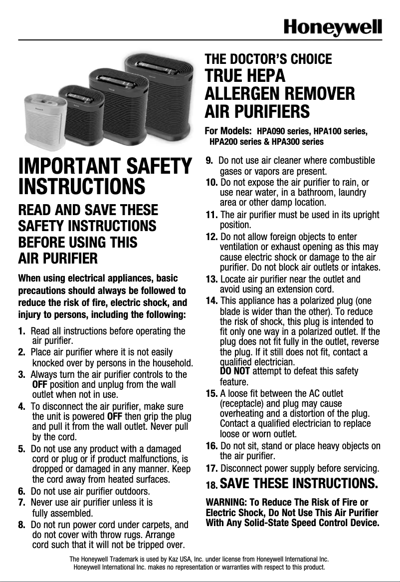 Page n°1 - Manuel utilisateur Honeywell HPA104