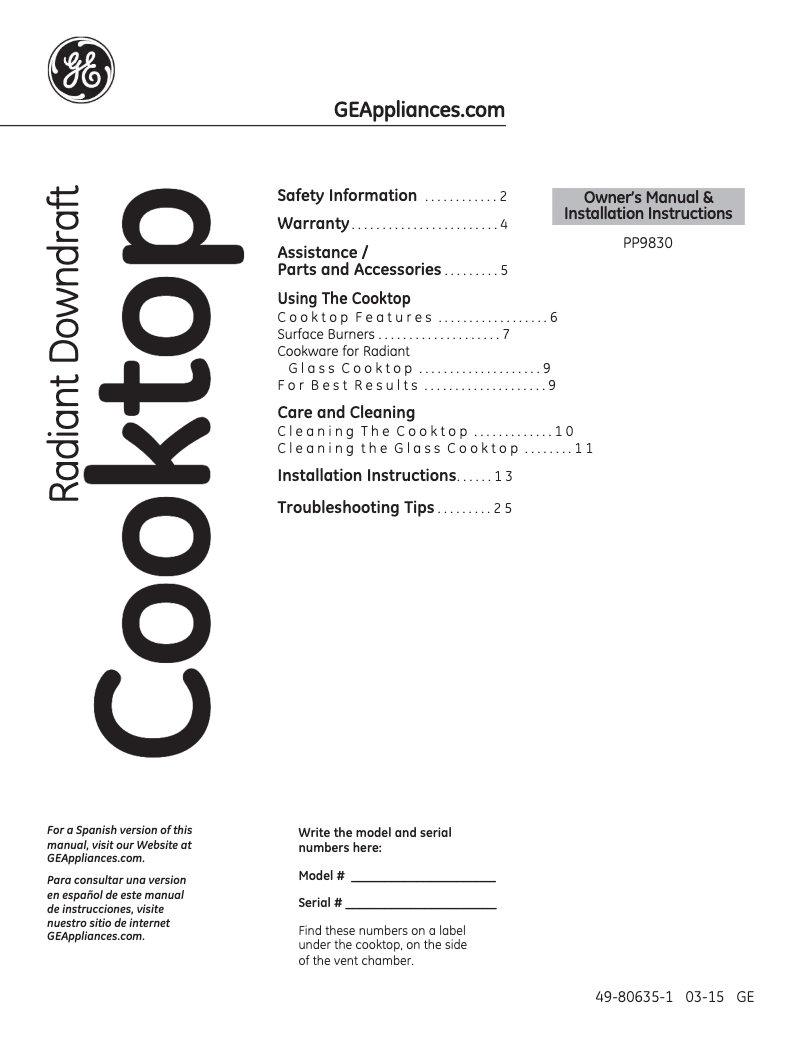 Page 1 de la notice Guide d'installation GE Profile PP9830SJSS