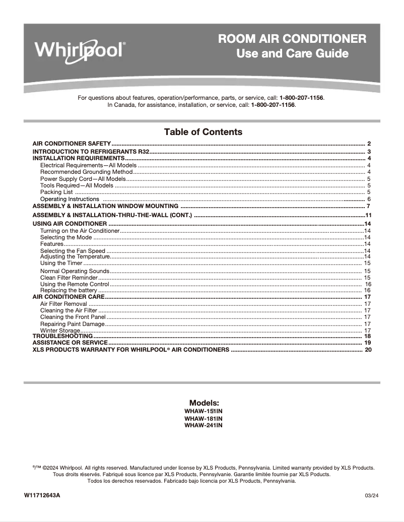 Page 1 de la notice Manuel utilisateur Whirlpool WHAW-151IN