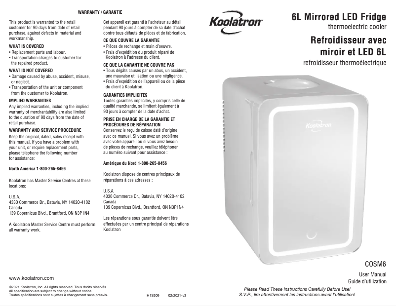 Page n°1 - Manuel utilisateur Koolatron COSM6