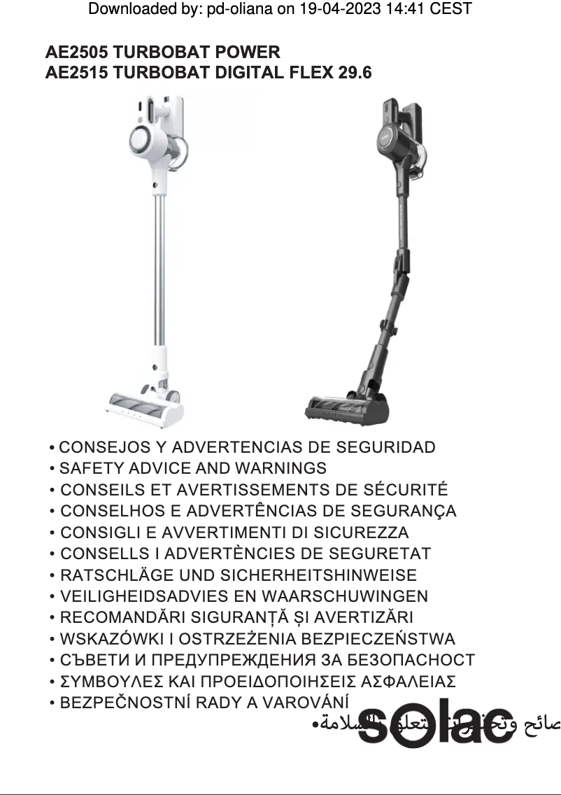 Page n°1 - Instructions de sécurité Solac Turbobat Digital Flex 29.6V AE2515
