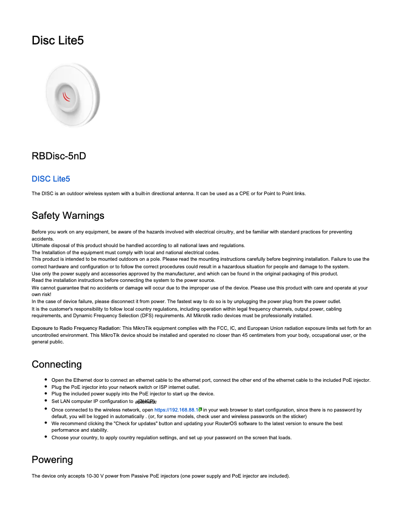 Page 1 de la notice Manuel utilisateur Mikrotik DISC Lite5