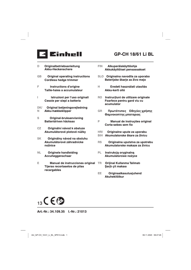 Page n°1 - Manuel utilisateur Einhell GP-CH 18/61 Li BL