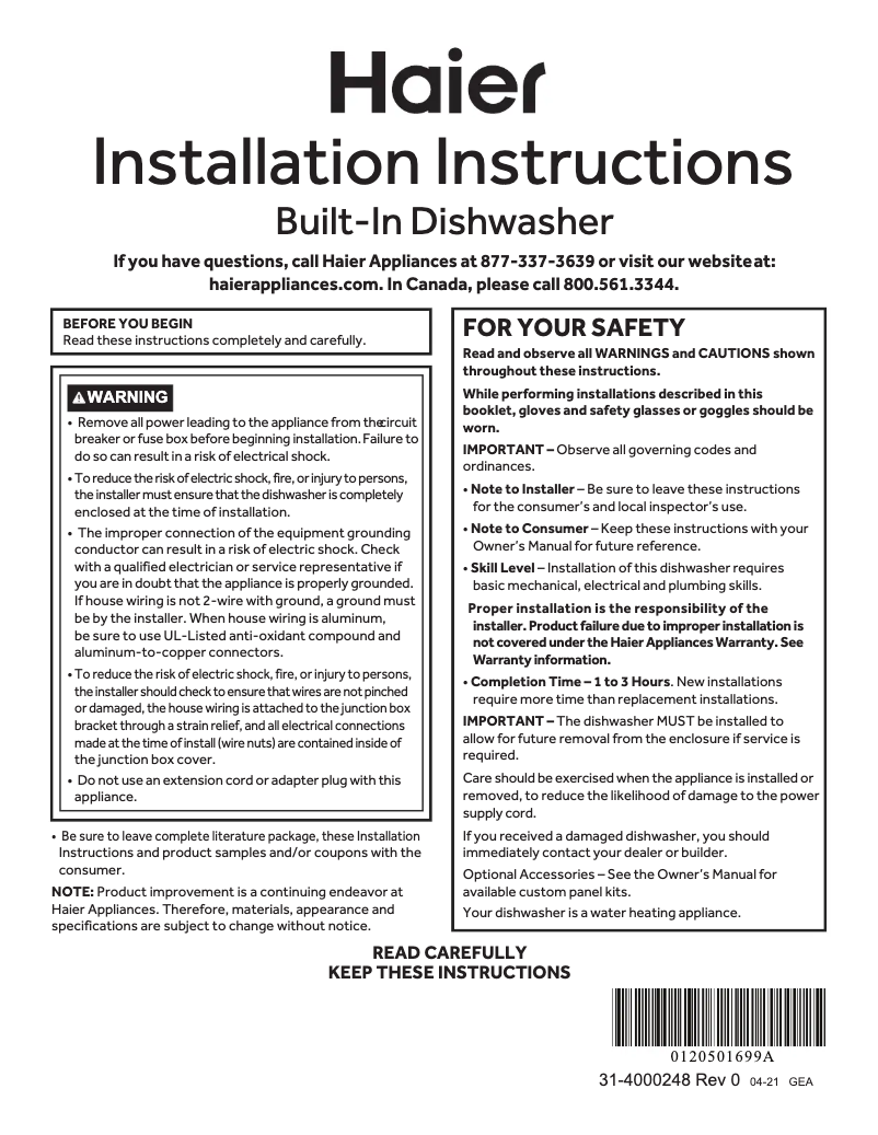 Página 1 del manual Guía de instalación GE UDT165SIVII