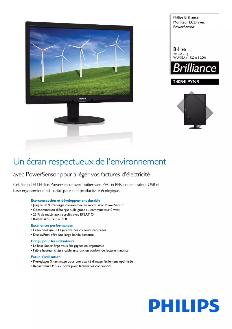 Page 1 de la notice Fiche technique Philips Brilliance 240B4LPYNB