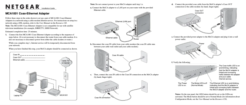 Page n°1 - Guide d'installation Netgear MCA1001v1