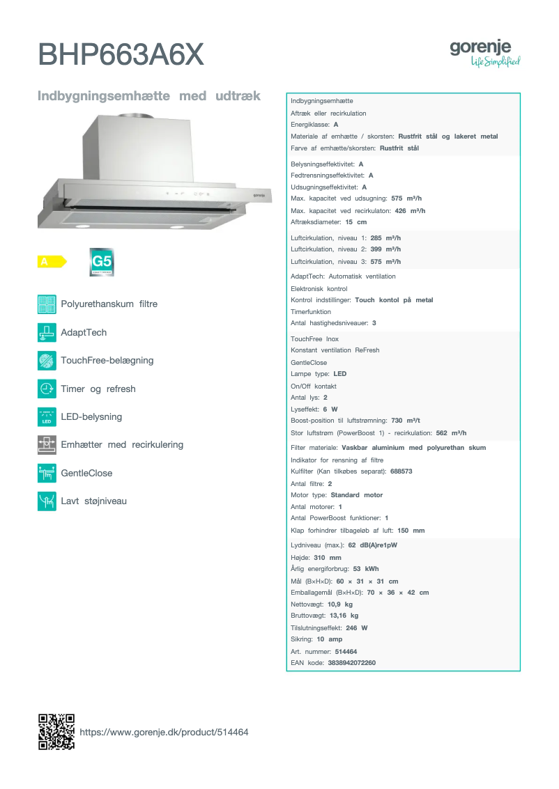 Page n°1 - Fiche technique Gorenje BHP663A6X