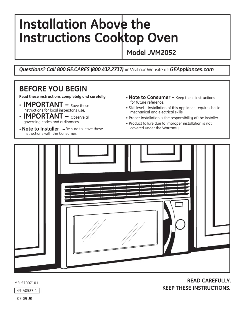 Page 1 de la notice Guide d'installation GE Spacemaker JVM2052DNWW